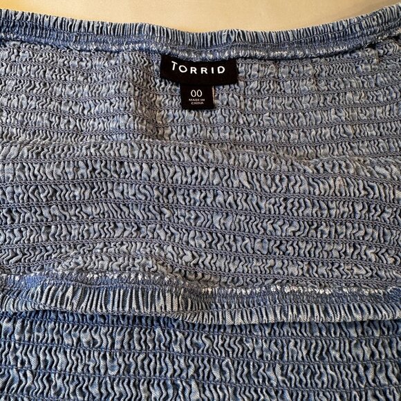 Torrid Babydoll Chambray Mini Dress Women Crinkle  Smocked Off Shoulder A Line - Picture 2 of 16